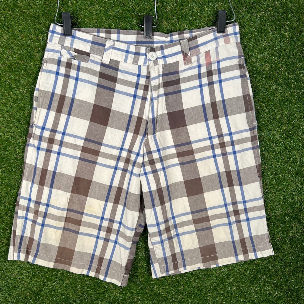 Point Zero Mens Plaid Shorts Size‎ 34 Brown Blue White Cotton Casual Y2K